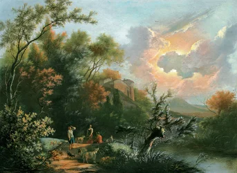 Eine italienische hügelige und bewaldete Flusslandschaft mit Hirten und ihrer Herde im Ruhestand